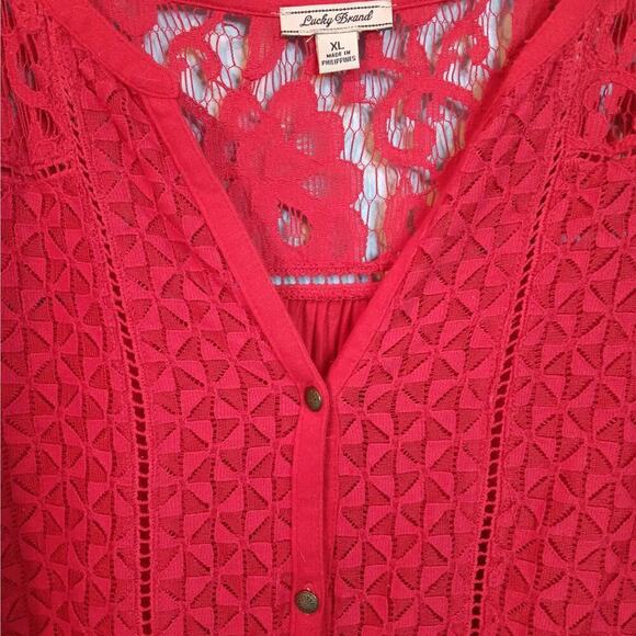 EUC Lucky Brand Size XL Red Lace Button Up Long Sleeve Blouse - Picture 2 of 5